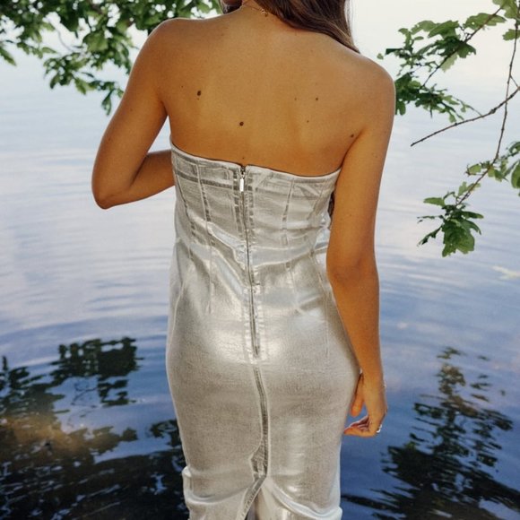NWT Zara Silver Strapless Midi Dress - Picture 9 of 14
